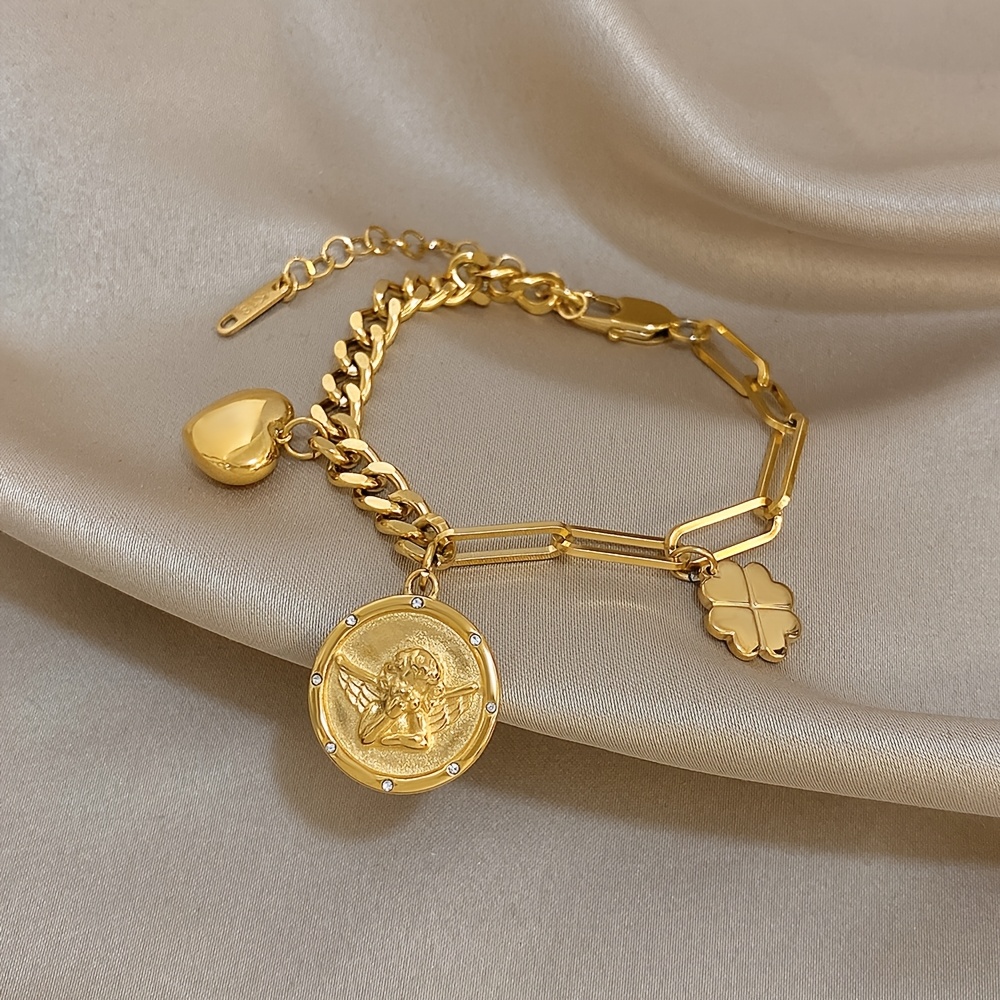 Stainless Steel Cuban Heart & Flower Bracelet, Vintage Gift